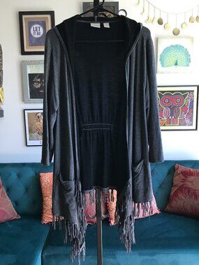 Zenergy CHICO's size 1 / M Gray Stretch Knit Hooded Open Cardigan Fringe Pockets